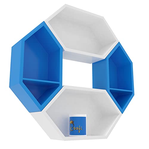 Raafi Wooden Pared Pentagon Floating Wall Shelf with 4 Shelves (Blue & White) (Blue & White) - Image 4