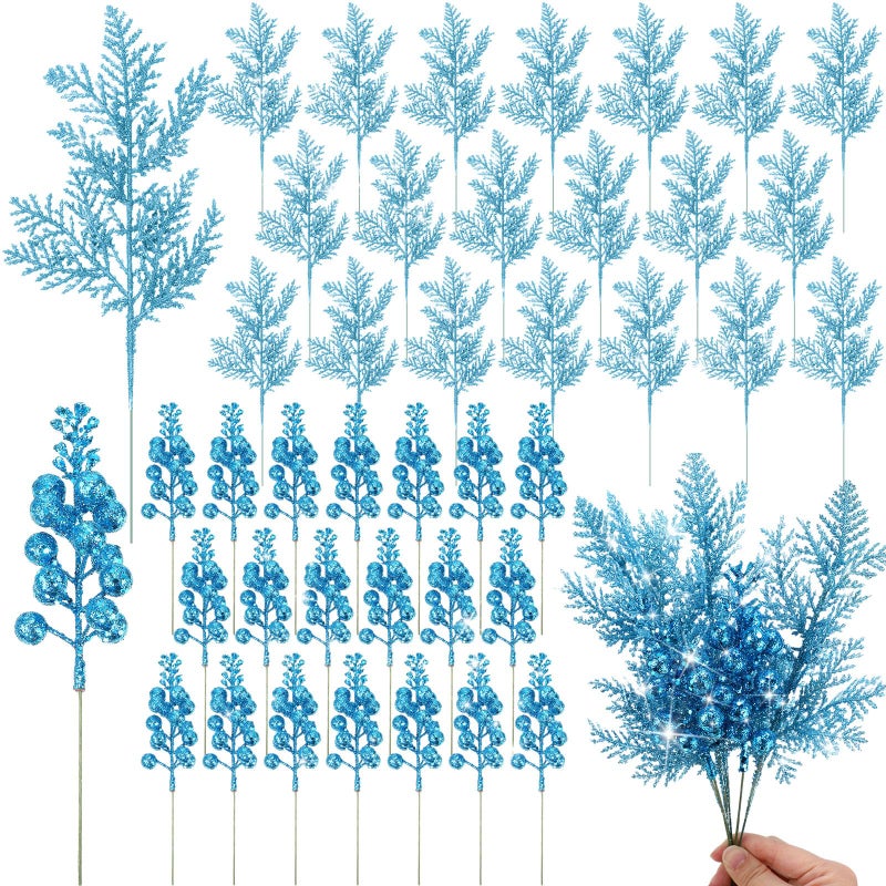Cindeer Cindeer 80 Pcs Light Blue Christmas Glitter Berries Stems Pine Needles Christmas Artificial Picks Fake Floral Twig Spray for Xmas Tree Ornaments DIY Wreath Garland Decorations  - Image 1