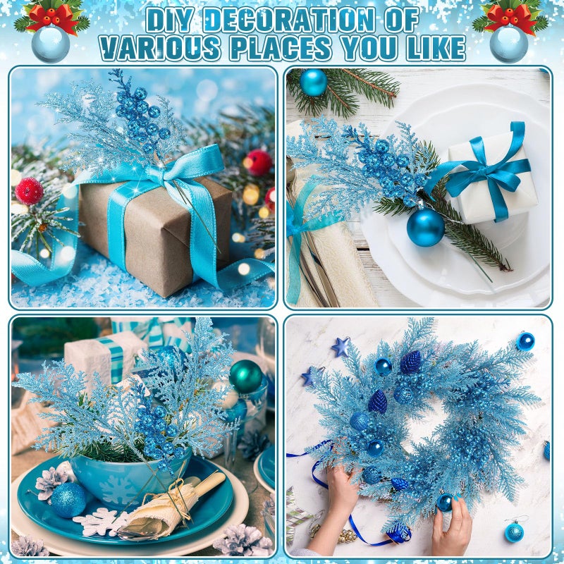 Cindeer Cindeer 80 Pcs Light Blue Christmas Glitter Berries Stems Pine Needles Christmas Artificial Picks Fake Floral Twig Spray for Xmas Tree Ornaments DIY Wreath Garland Decorations  - Image 3