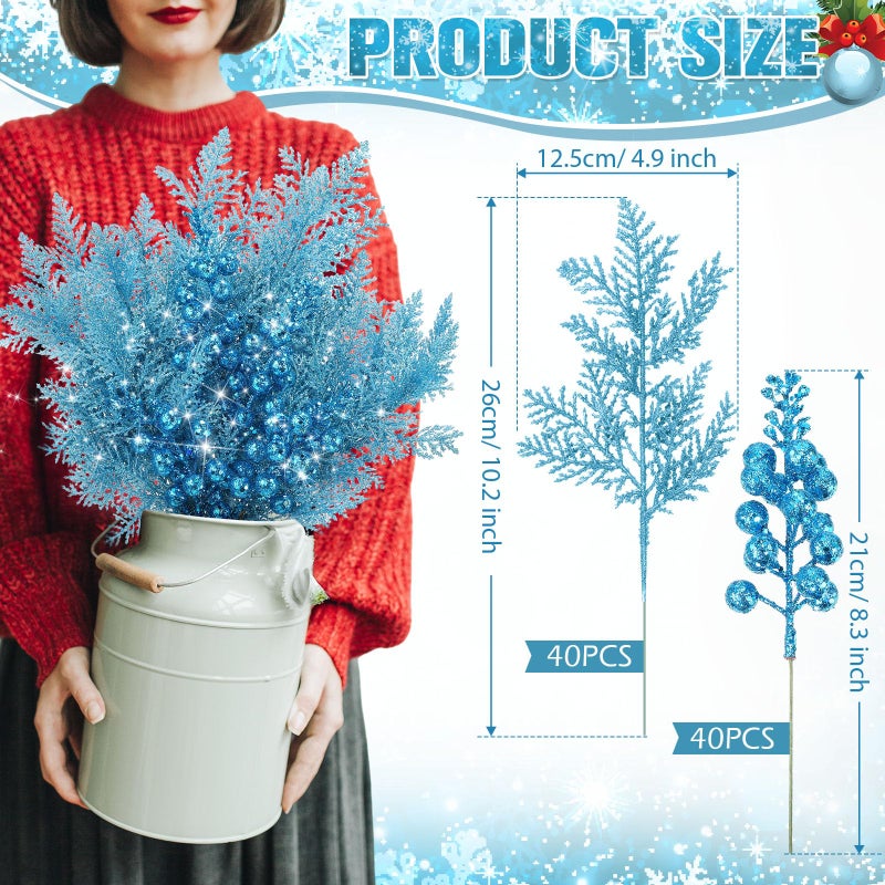 Cindeer Cindeer 80 Pcs Light Blue Christmas Glitter Berries Stems Pine Needles Christmas Artificial Picks Fake Floral Twig Spray for Xmas Tree Ornaments DIY Wreath Garland Decorations  - Image 2