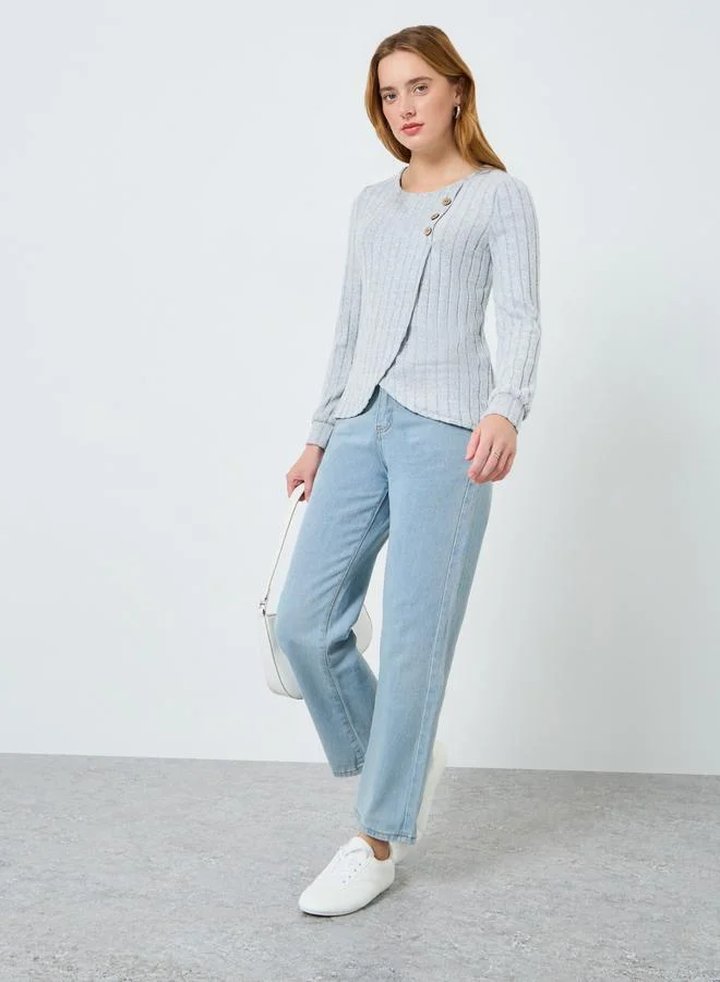 Take Two Women Grey Button Side Detail Ribbed Top