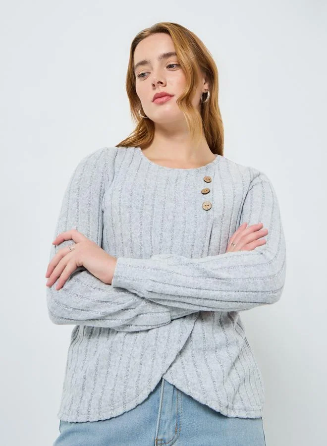 Take Two Women Grey Button Side Detail Ribbed Top