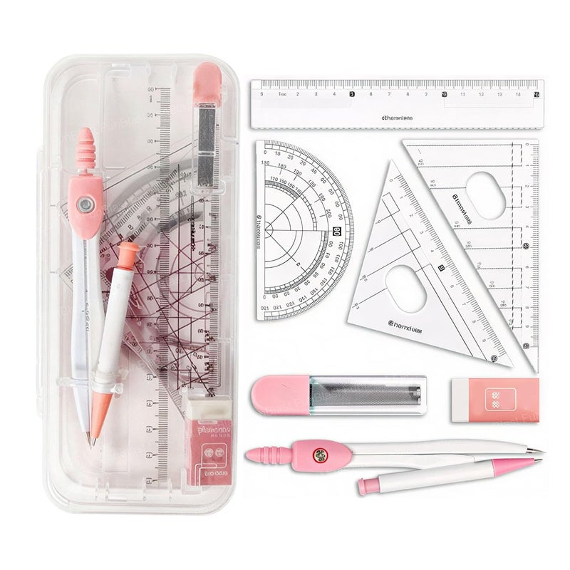 Compass Set 7 Pcs - Transparent Geometry Box with Protractor, Set Squares, Ruler, Compasses, Ruler Set, Instrument Box, Math Geometry Kit for Student & Professional (Orange)