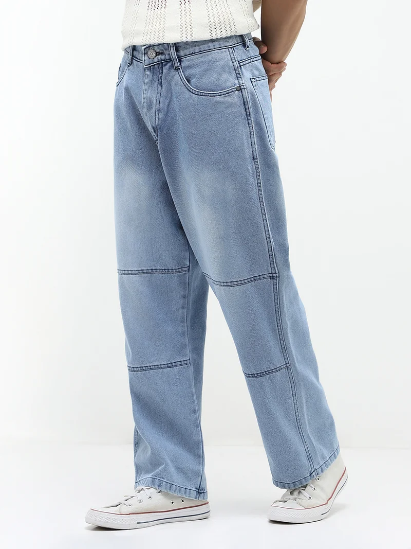 Urbano Fashion Men's Ice Blue Loose Baggy Fit Cut and Sew Panelled Jeans Non-Stretchable