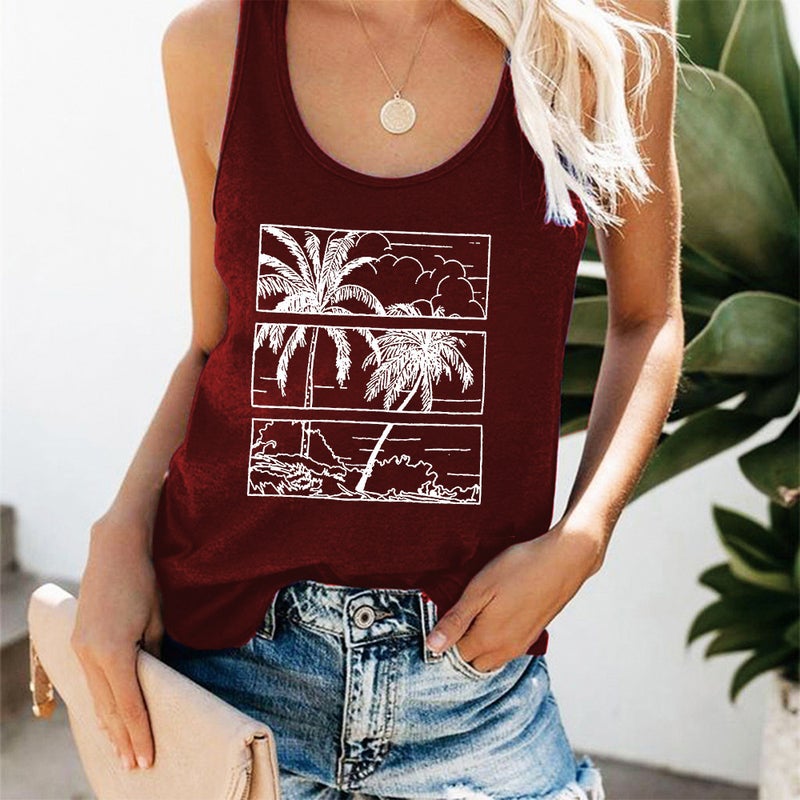 Vacation Casual Vest Womens European and American Spot Loose Large Size Coconut Tree Printed Top Foreign Trade Hurdle Vest Wholesale Army Green - Image 2
