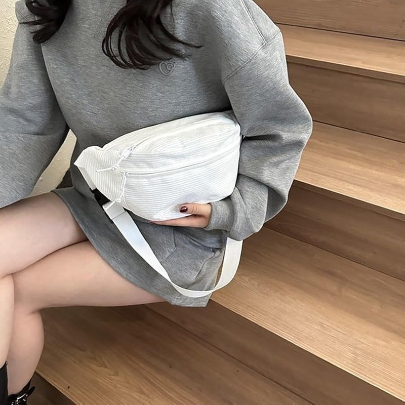 حقيبة خصر من الكوردوروي الأبيض سعة كبيرة صدرية متعددة للفتيات - Image 5