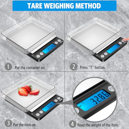 AMIR Digital Kitchen Scale, 500g/0.01g Mini Pocket Jewelry Scale, Cooking Food Scale with Backlit LCD Display, 2 Trays, 6 Units, Auto Off, Tare, PCS Function, Stainless Steel, Battery Included, Black - Image 2