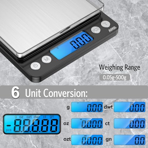 AMIR Digital Kitchen Scale, 500g/0.01g Mini Pocket Jewelry Scale, Cooking Food Scale with Backlit LCD Display, 2 Trays, 6 Units, Auto Off, Tare, PCS Function, Stainless Steel, Battery Included, Black - Image 4