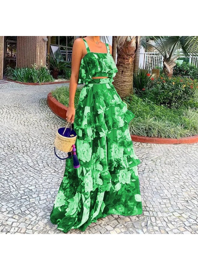 Summer European And American Women's New Fashion Floral Top Sling Ruffled Cake Skirt Suit