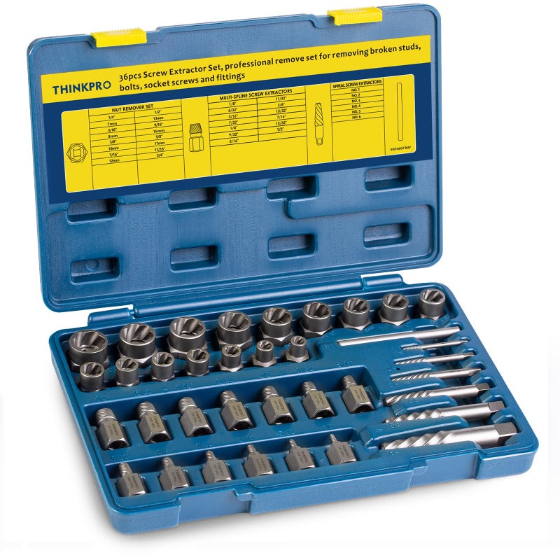 THINKPRO 36Pcs Screw & Bolt Extractor Set, 2-in-1 Multi-Spline Lug nut Remover, Easy out Stripped Screw Removal Tool Kit for Damaged, Frozen, Studs, Rusted, Rounded-Off Bolts, Nuts - Image 1