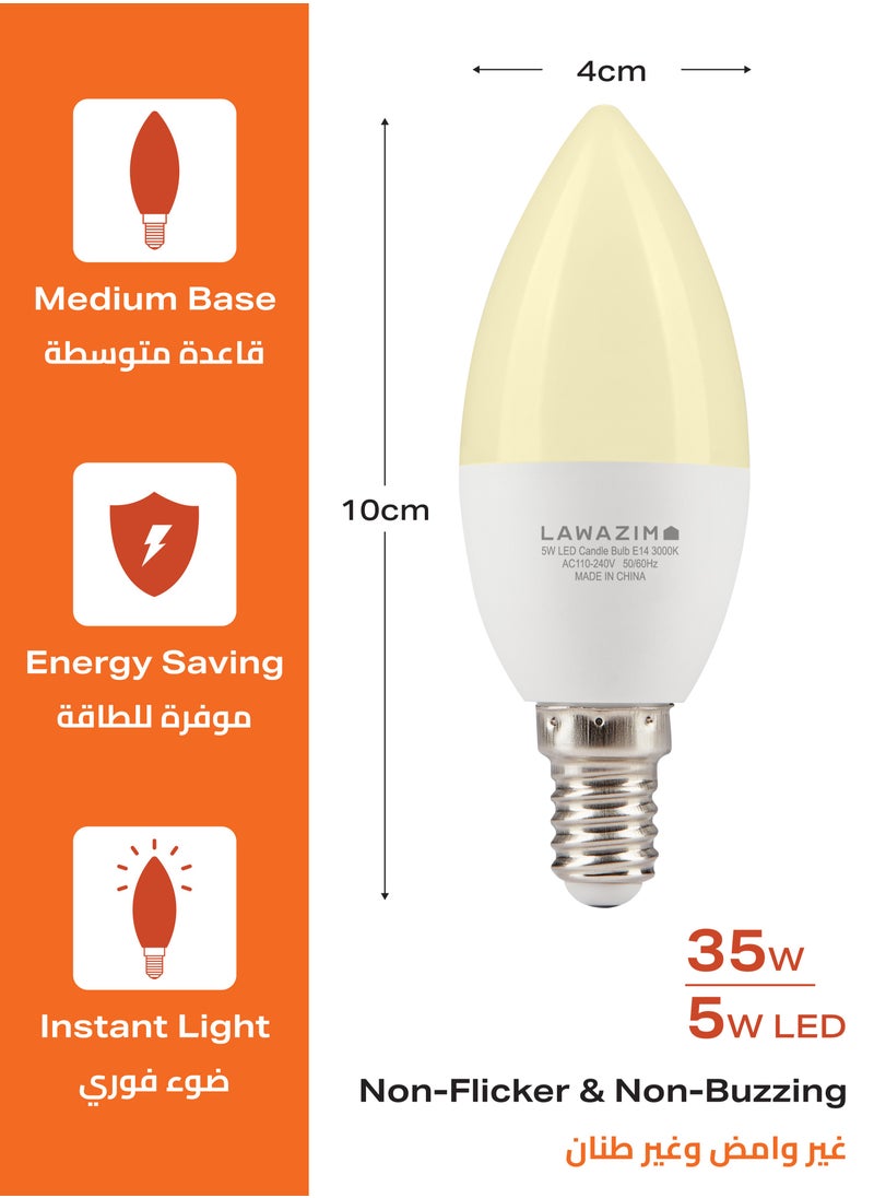 LAWAZIM - 5W LED Candle C37 E14 - 6 Piece 3000K Warm White - Energy Saving 35W Equivalent Non-Dimmable Lightbulbs with 400 Lumens and a Lifespan of 15,000 Hours - Ideal for Chandeliers and Wall Sconces - Image 1