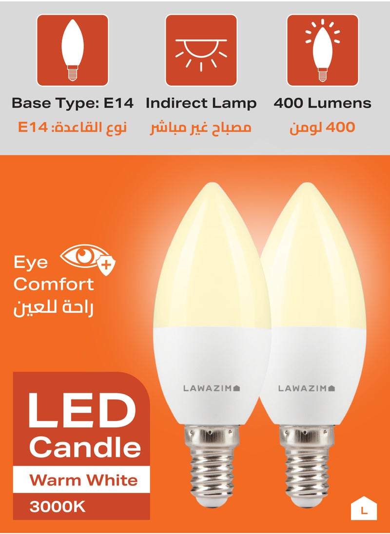 LAWAZIM - 5W LED Candle C37 E14 - 6 Piece 3000K Warm White - Energy Saving 35W Equivalent Non-Dimmable Lightbulbs with 400 Lumens and a Lifespan of 15,000 Hours - Ideal for Chandeliers and Wall Sconces - Image 1