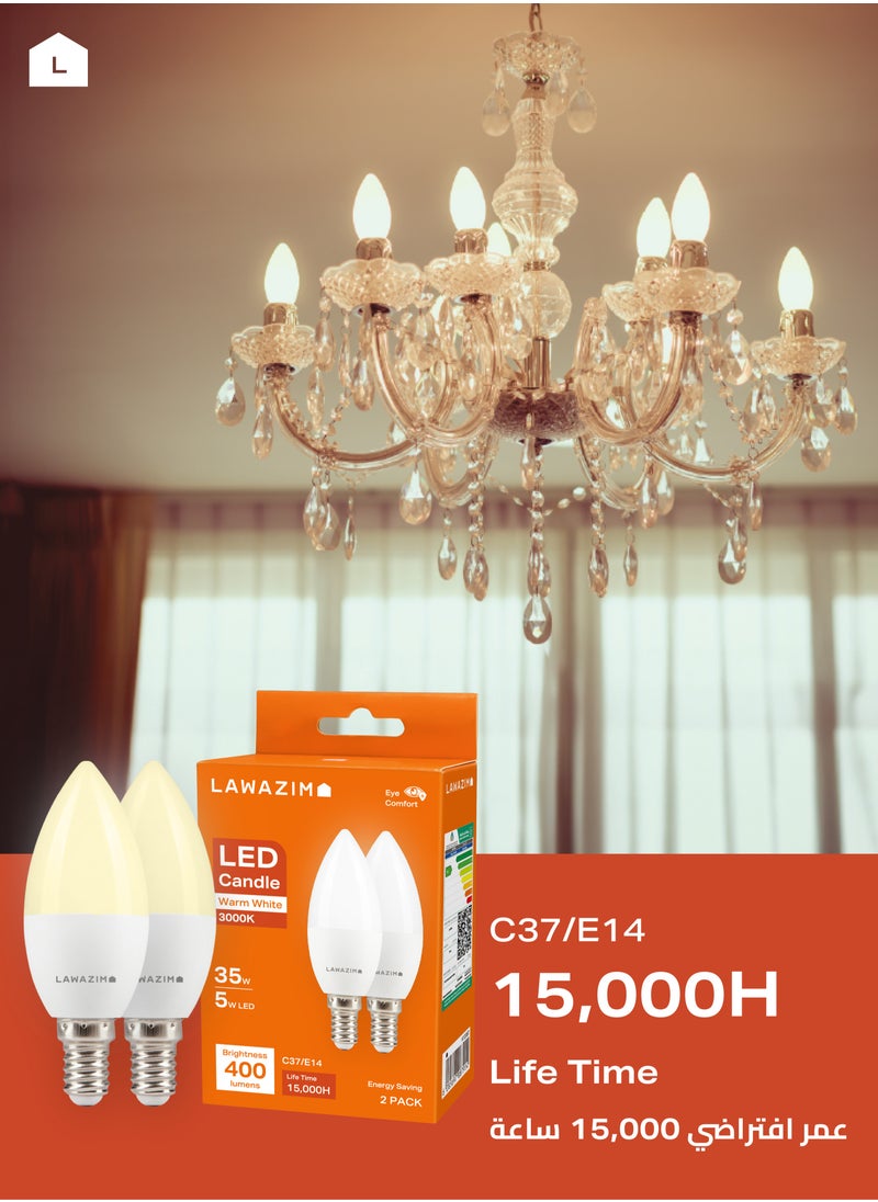 LAWAZIM - 5W LED Candle C37 E14 - 6 Piece 3000K Warm White - Energy Saving 35W Equivalent Non-Dimmable Lightbulbs with 400 Lumens and a Lifespan of 15,000 Hours - Ideal for Chandeliers and Wall Sconces - Image 1