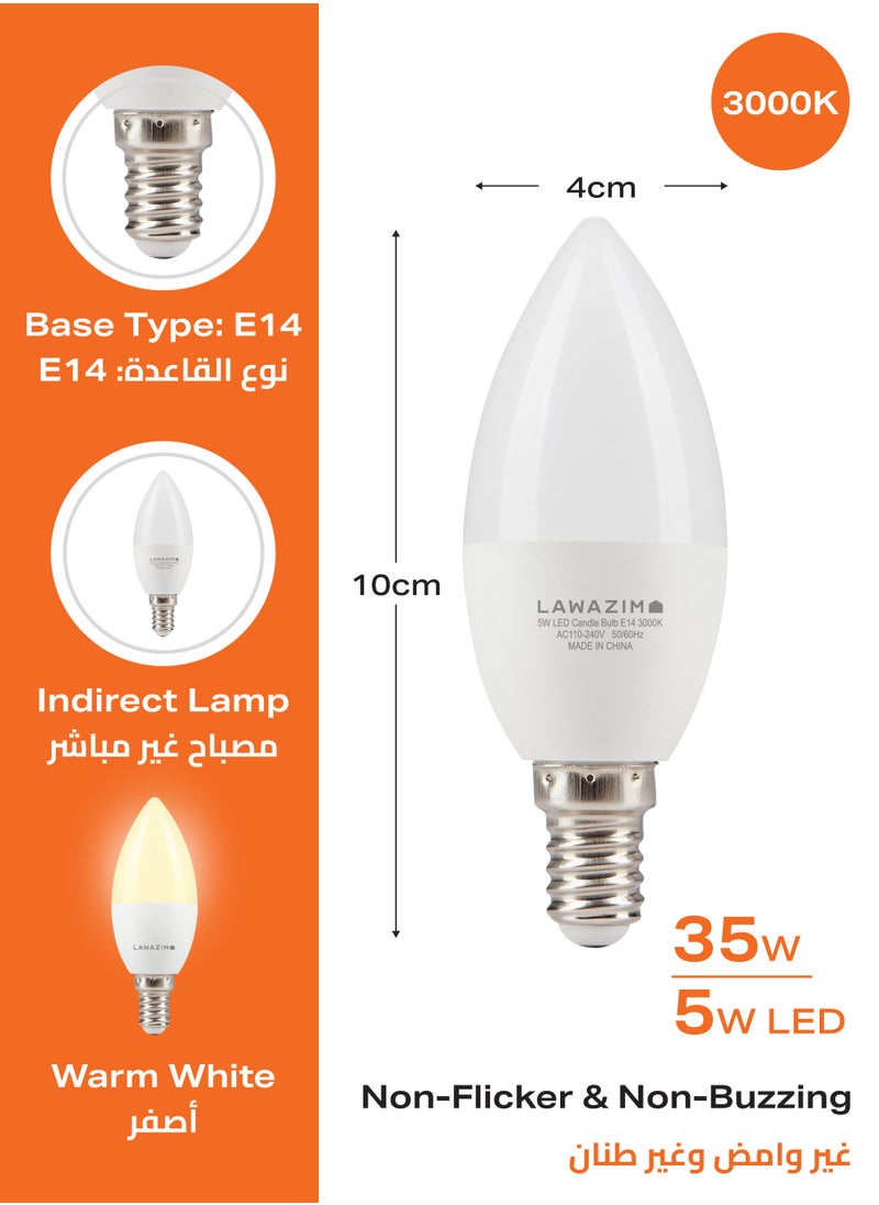 LAWAZIM 5W LED Candle C37 E14 - 6 Piece 3000K Warm White - Energy Saving 35W Equivalent Non-Dimmable Lightbulbs with 400 Lumens and a Lifespan of 15,000 Hours - Ideal for Chandeliers and Wall Sconces  - Image 2