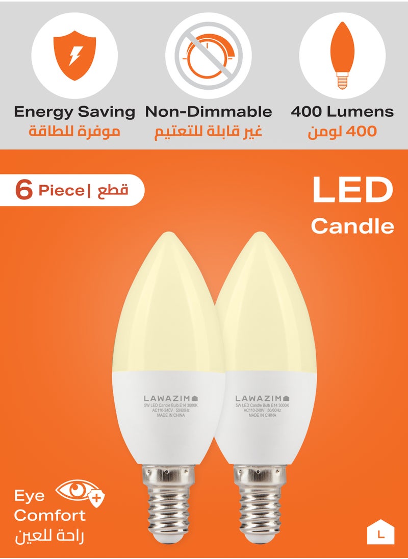 LAWAZIM 5W LED Candle C37 E14 - 6 Piece 3000K Warm White - Energy Saving 35W Equivalent Non-Dimmable Lightbulbs with 400 Lumens and a Lifespan of 15,000 Hours - Ideal for Chandeliers and Wall Sconces  - Image 3