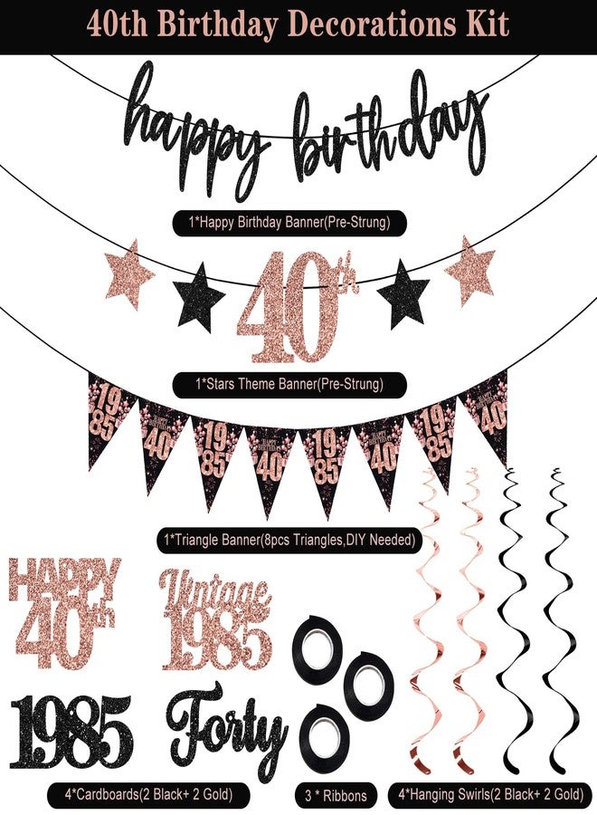 Guiruiy 12PCS 40th Birthday Decorations for Women, Rose Gold Vintage 1985 Happy 40th Birthday Banner Triangle Flag Banner Glitter Hanging Swirls Party Supplies, Cheers to 40 Years Old Bday Decor - Image 4