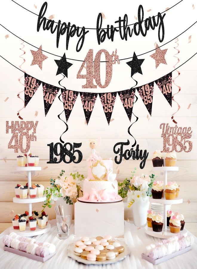 Guiruiy 12PCS 40th Birthday Decorations for Women, Rose Gold Vintage 1985 Happy 40th Birthday Banner Triangle Flag Banner Glitter Hanging Swirls Party Supplies, Cheers to 40 Years Old Bday Decor - Image 5