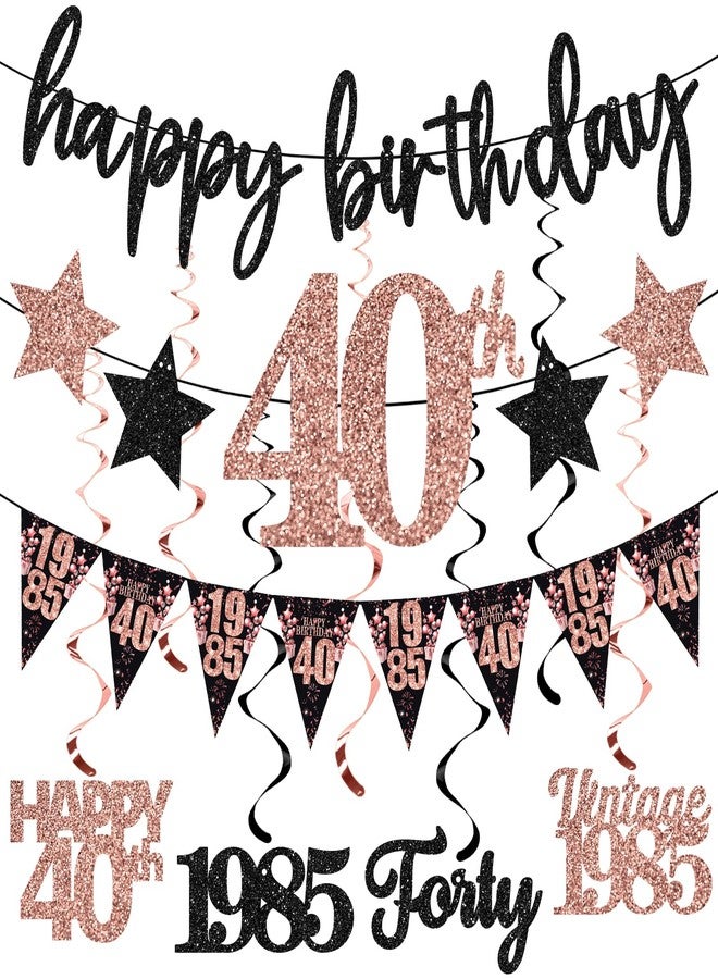 Guiruiy 12PCS 40th Birthday Decorations for Women, Rose Gold Vintage 1985 Happy 40th Birthday Banner Triangle Flag Banner Glitter Hanging Swirls Party Supplies, Cheers to 40 Years Old Bday Decor - Image 1