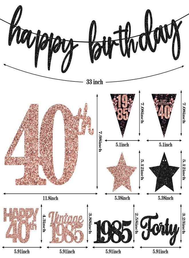 Guiruiy 12PCS 40th Birthday Decorations for Women, Rose Gold Vintage 1985 Happy 40th Birthday Banner Triangle Flag Banner Glitter Hanging Swirls Party Supplies, Cheers to 40 Years Old Bday Decor - Image 2