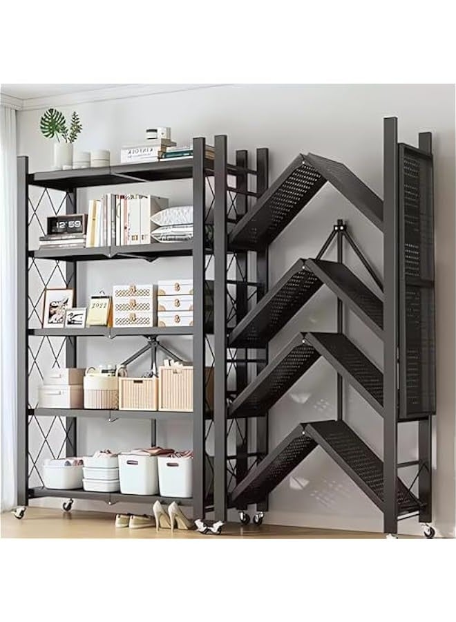 Beauenty 5 Tier Thickened Foldable Kitchen Storage Rack with Wheels,No Assembly,for Garage, Kitchen, Basement, Pantry，Large Capacity Shelves,Heavy-Duty Metal Shelving Unit Rolling Cart (Black, 5-Tier) - Image 1