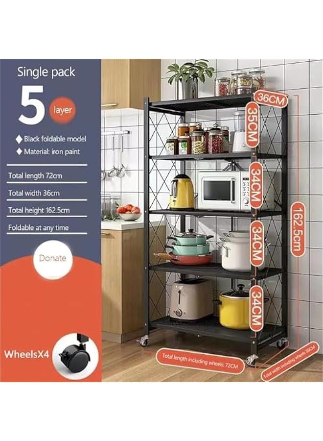Beauenty 5 Tier Thickened Foldable Kitchen Storage Rack with Wheels,No Assembly,for Garage, Kitchen, Basement, Pantry，Large Capacity Shelves,Heavy-Duty Metal Shelving Unit Rolling Cart (Black, 5-Tier) - Image 2