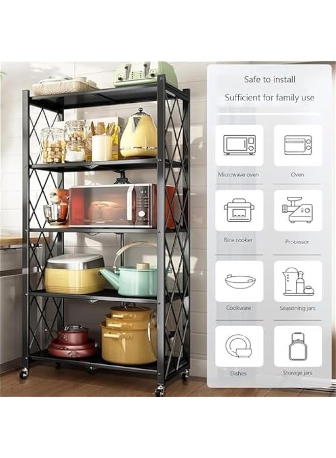 Beauenty 5 Tier Thickened Foldable Kitchen Storage Rack with Wheels,No Assembly,for Garage, Kitchen, Basement, Pantry，Large Capacity Shelves,Heavy-Duty Metal Shelving Unit Rolling Cart (Black, 5-Tier) - Image 3