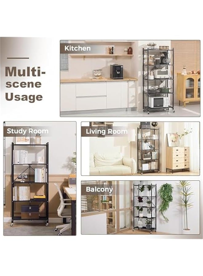 Beauenty 5 Tier Thickened Foldable Kitchen Storage Rack with Wheels,No Assembly,for Garage, Kitchen, Basement, Pantry，Large Capacity Shelves,Heavy-Duty Metal Shelving Unit Rolling Cart (Black, 5-Tier) - Image 4