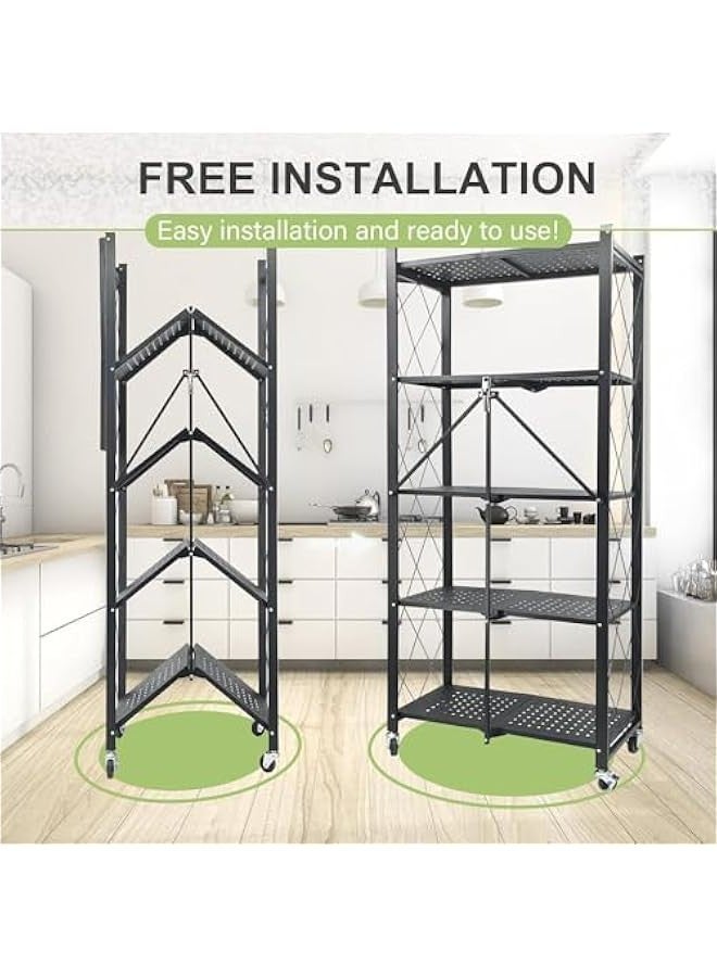Beauenty 5 Tier Thickened Foldable Kitchen Storage Rack with Wheels,No Assembly,for Garage, Kitchen, Basement, Pantry，Large Capacity Shelves,Heavy-Duty Metal Shelving Unit Rolling Cart (Black, 5-Tier) - Image 5