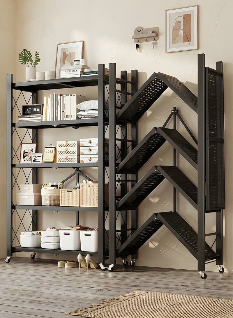 بيوينتي رف تخزين للمطبخ قابل للطي ومتين من 5 طبقات بعجلات، بدون تجميع، للجراج والمطبخ والطابق السفلي والمخزن، أرفف سعة كبيرة، وحدة رفوف معدنية ثقيلة بعجلات (أسود، 5 طبقات) - Image 1