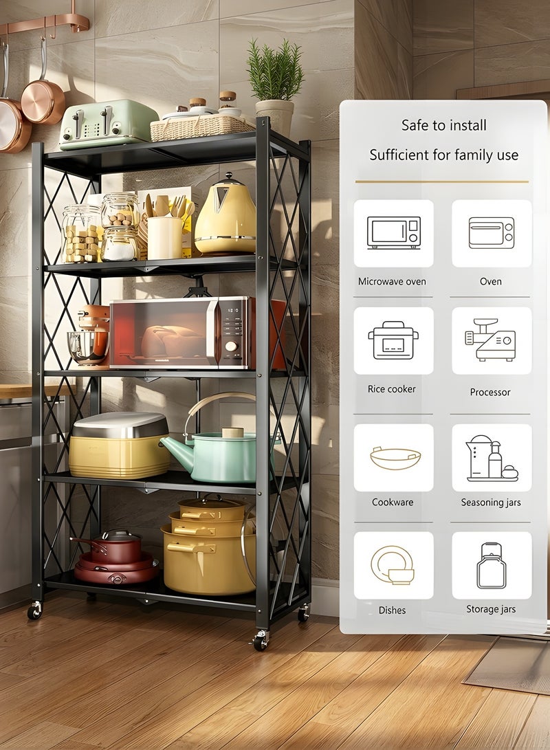 بيوينتي رف تخزين للمطبخ قابل للطي ومتين من 5 طبقات بعجلات، بدون تجميع، للجراج والمطبخ والطابق السفلي والمخزن، أرفف سعة كبيرة، وحدة رفوف معدنية ثقيلة بعجلات (أسود، 5 طبقات) - Image 3