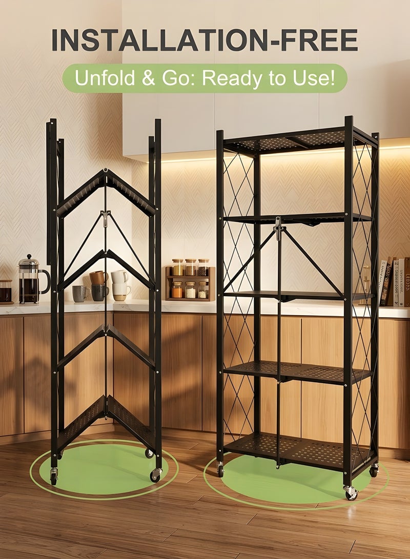 بيوينتي رف تخزين للمطبخ قابل للطي ومتين من 5 طبقات بعجلات، بدون تجميع، للجراج والمطبخ والطابق السفلي والمخزن، أرفف سعة كبيرة، وحدة رفوف معدنية ثقيلة بعجلات (أسود، 5 طبقات) - Image 4