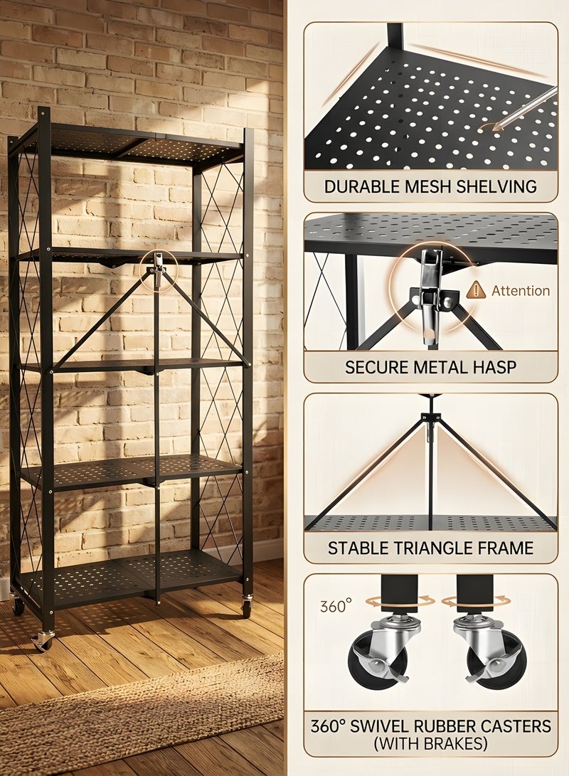 بيوينتي رف تخزين للمطبخ قابل للطي ومتين من 5 طبقات بعجلات، بدون تجميع، للجراج والمطبخ والطابق السفلي والمخزن، أرفف سعة كبيرة، وحدة رفوف معدنية ثقيلة بعجلات (أسود، 5 طبقات) - Image 5