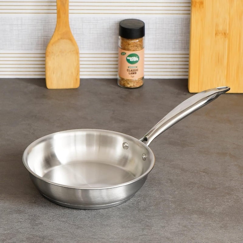 Femora Stainless Steel Flat Fry Pan, Bonded Tri-Ply Bottom, 24 cm,Silver, Zero Coating, Health Safe - Image 1