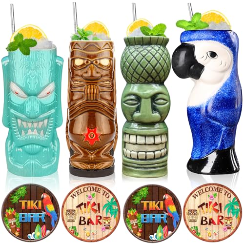 SuproBarware Tiki Mugs Set of 4 - Large Ceramic Hawaiian Party Mugs Drinkware Cocktails Premium Tropical Cups cute exotic cocktail glasses-TJB08 (4) - Image 1