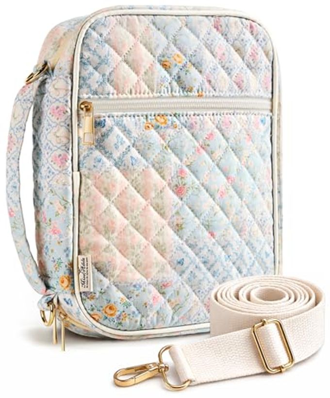 Miss Adola Bible Cover Case for Women Quilted Bible Carrying Case Organizer Study Bag with Zipper Handle and Shoulder Strap Patchwork Vintage Flower Book Cover for Teen Girls - Image 4