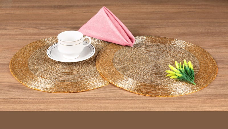 Light & Pro Lightnpro Handmade Beaded Placemats Set of 4 - Round Charger Mats - Farmhouse Style Table Decor for Dining, Wedding, Holiday, and Special Occasions - Elegant Glitz Table Setting - 13 Inch Gold - Image 3