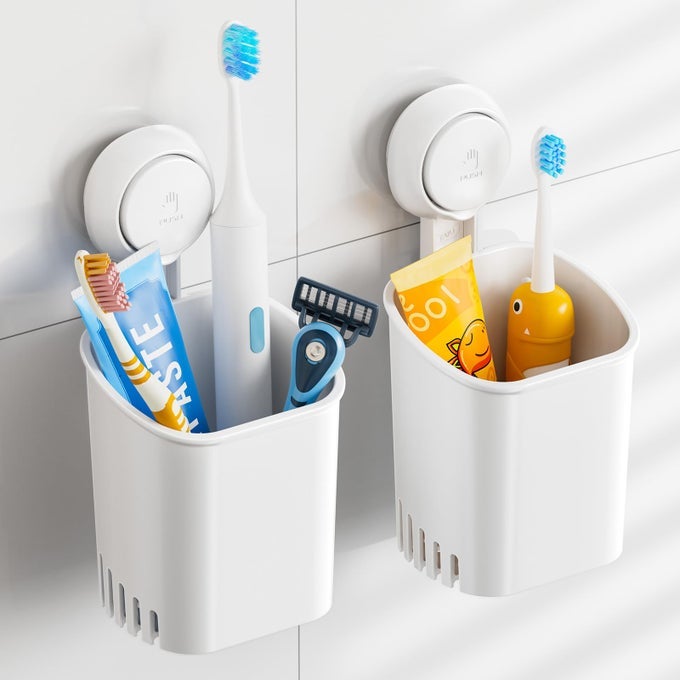 SUCTION TOOTHBRUSH HOLDER 2 PACK TUMBLERS REPLACEMENT SHOWER TOOTHBRUSH HOLDER FOR WALL POWERFUL TOOTHPASTE TOOTHBRUSH SUCTION CUP SELFDRAINING SHOWER RAZOR HOLDER KITCHEN TABLEWARE HOLDER