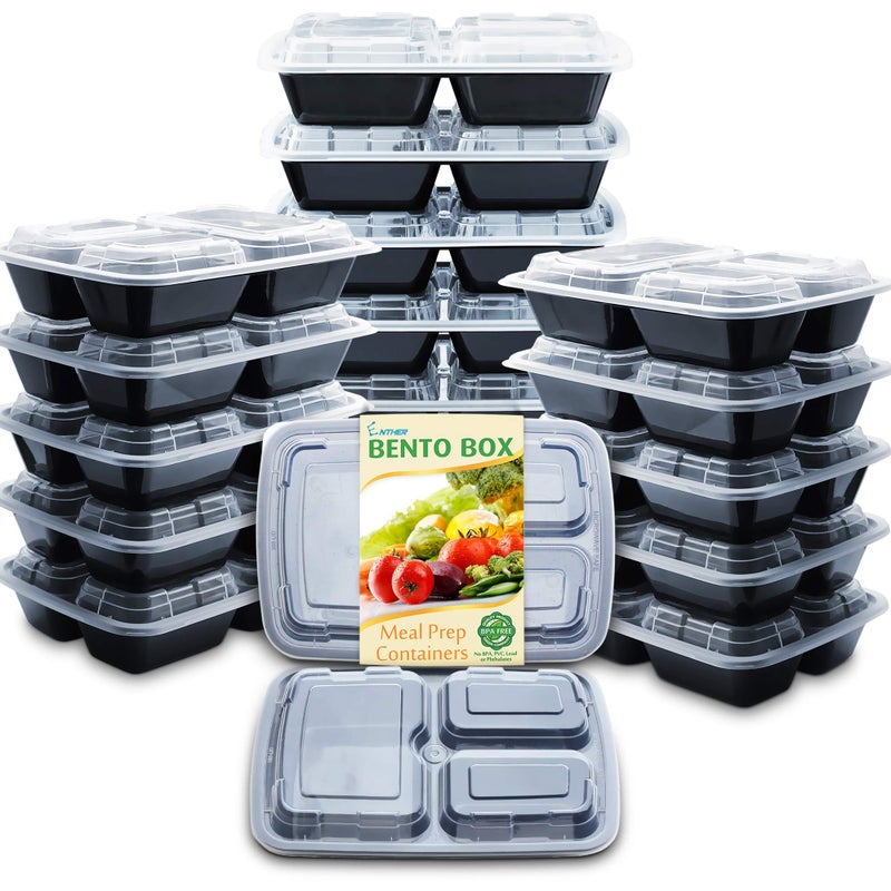 Enther Meal Prep Containers with Lids 20 Pack 3 Compartment Food Storage Bento Lunch Box BPA Free  Reusable  Microwave/Dishwasher/Freezer Safe  24oz Black Small - Image 1