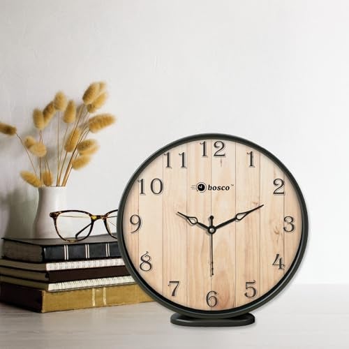 Bosco Modern and Decorative Non Ticking Silent, Brown & Black dial Frame 20 CM Table Cum Round Wall Clock for Home, Living Room, Bedroom, Office and Kitchen I BWC-1201 Brown & Black - Image 1