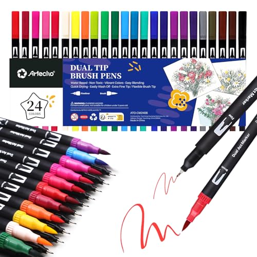 Artecho 24 Colors Markers for Adult Coloring Books Dual Tip Markers for School Fine and Brush Tip for Adults Coloring Books Calligraphy Drawing Sketching - Image 1