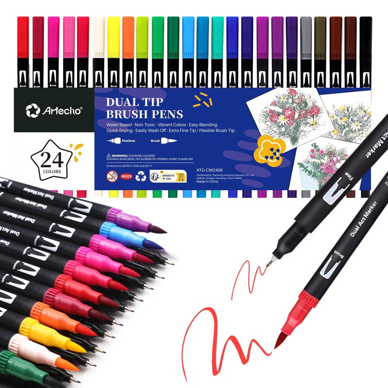 Artecho 24 Colors Markers for Adult Coloring Books Dual Tip Markers for School Fine and Brush Tip for Adults Coloring Books Calligraphy Drawing Sketching - Image 3