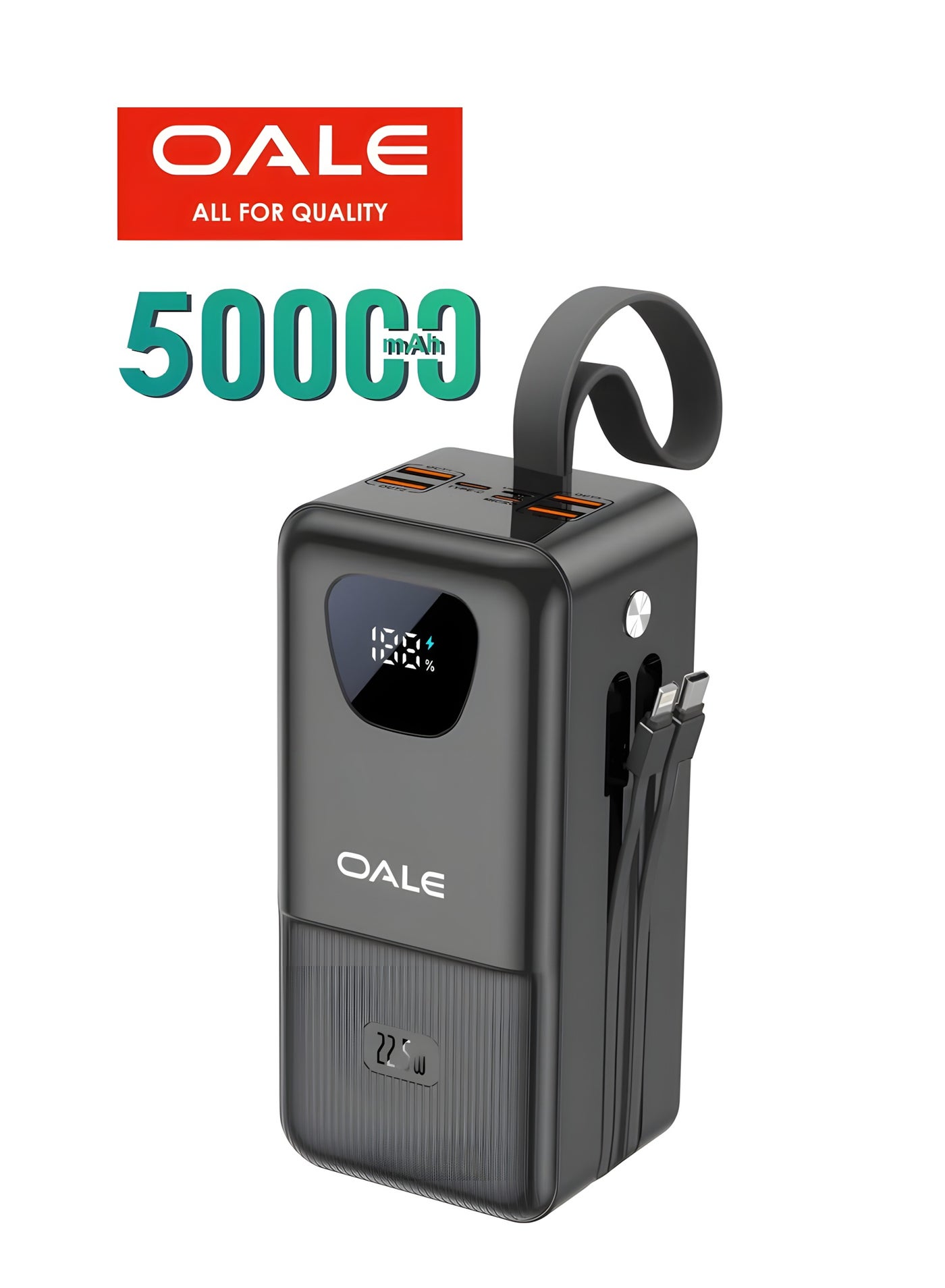 50000mAh Power Bank with 22.5W Fast Charging, Ultra‑High Capacity, Built‑In Type‑C & Lightning Cables, 4 USB Outputs, Triple Input Ports, LED Torch & Carry Handle