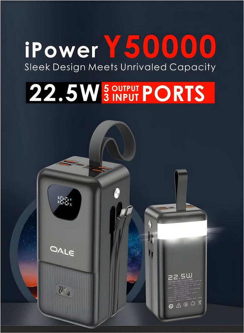 OALE 50000mAh Power Bank with 22.5W Fast Charging, Ultra‑High Capacity,  Built‑In Type‑C & Lightning Cables, 4 USB Outputs, Triple Input Ports, LED Torch & Carry Handle - Image 3