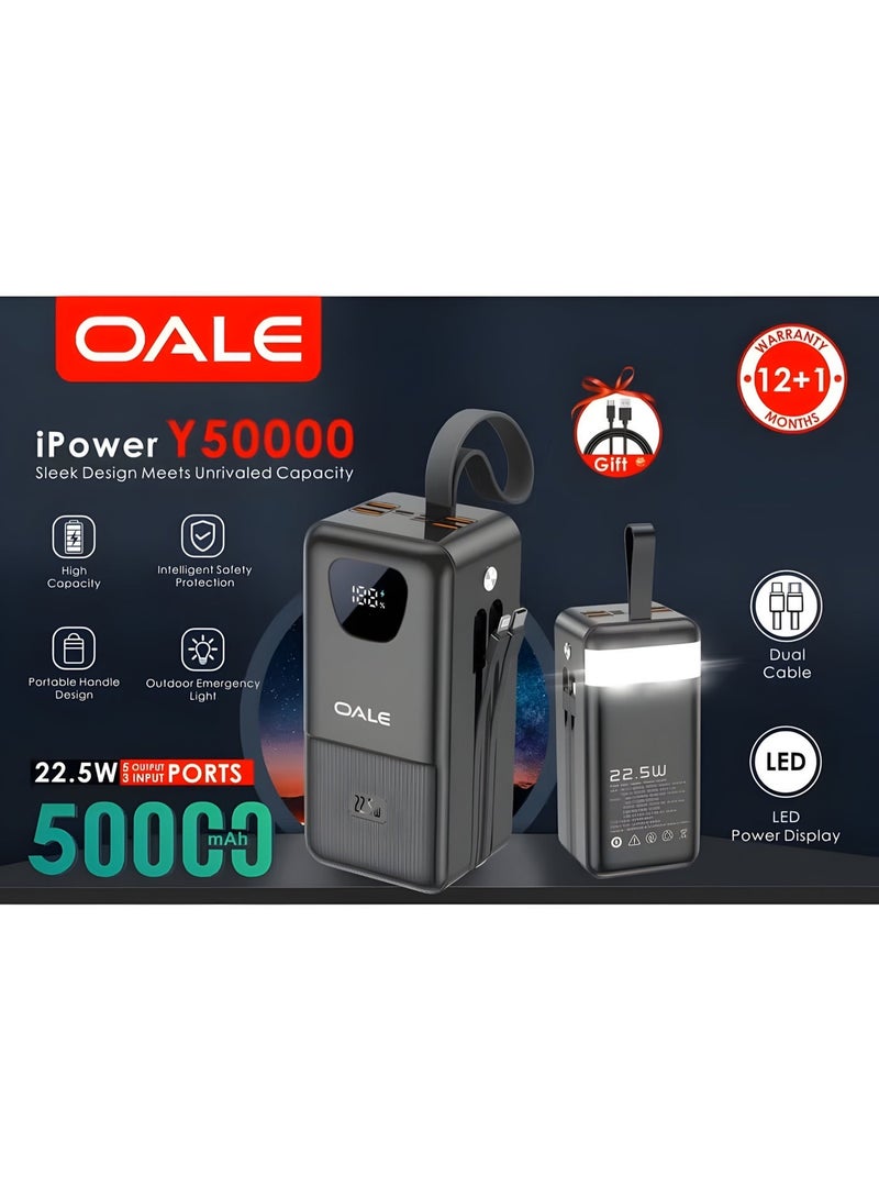 OALE 50000mAh Power Bank with 22.5W Fast Charging, Ultra‑High Capacity,  Built‑In Type‑C & Lightning Cables, 4 USB Outputs, Triple Input Ports, LED Torch & Carry Handle - Image 4
