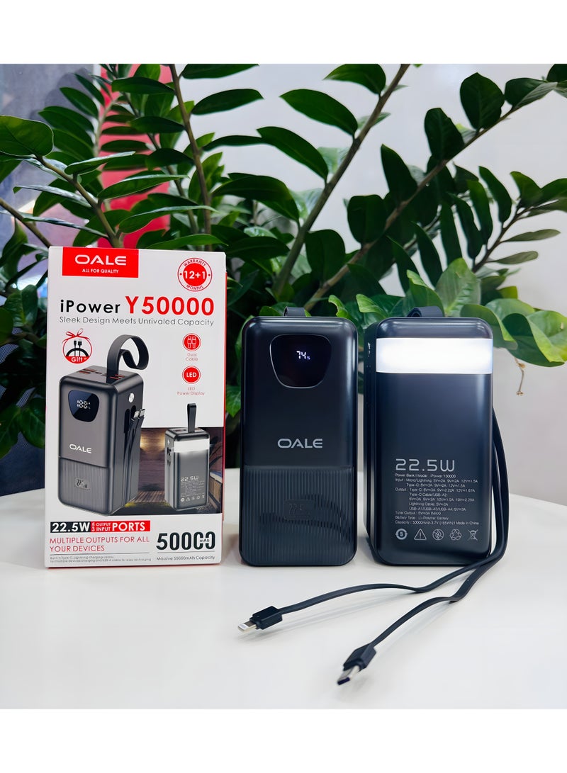 OALE 50000mAh Power Bank with 22.5W Fast Charging, Ultra‑High Capacity,  Built‑In Type‑C & Lightning Cables, 4 USB Outputs, Triple Input Ports, LED Torch & Carry Handle - Image 5