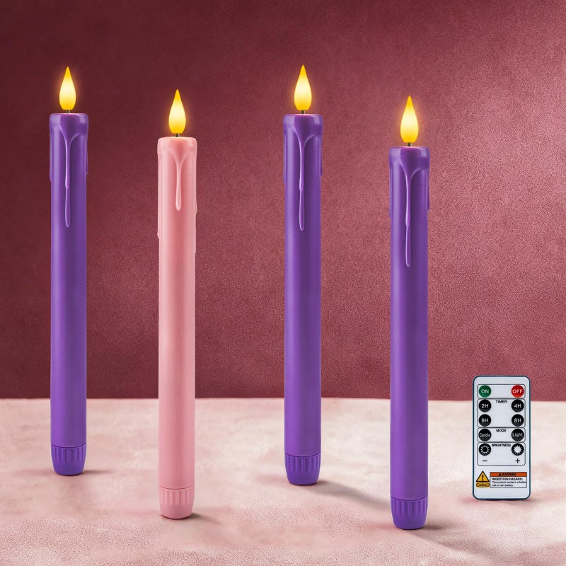 Homemory Flameless Advent Candles Set of 4 BatteryOperated Flickering LED Candlesticks Flameless Taper Candles with Remote Timer 3 Purple 1 Pink for Christmas Wreath - Image 2