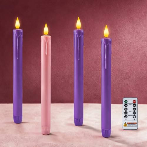 Homemory Flameless Advent Candles Set of 4 BatteryOperated Flickering LED Candlesticks Flameless Taper Candles with Remote Timer 3 Purple 1 Pink for Christmas Wreath - Image 1