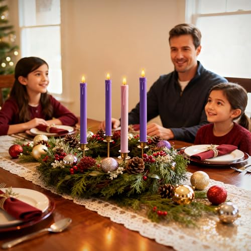 Homemory Flameless Advent Candles Set of 4 BatteryOperated Flickering LED Candlesticks Flameless Taper Candles with Remote Timer 3 Purple 1 Pink for Christmas Wreath - Image 3