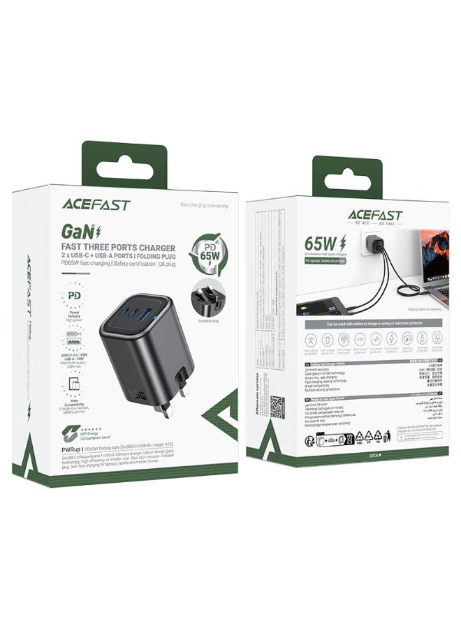 أسيفاست شاحن حائط ACEFAST A122 بقوة 65 واط بتقنية GaN مع منفذي USB-C ومنفذ USB-A وقابس بريطاني - Image 1