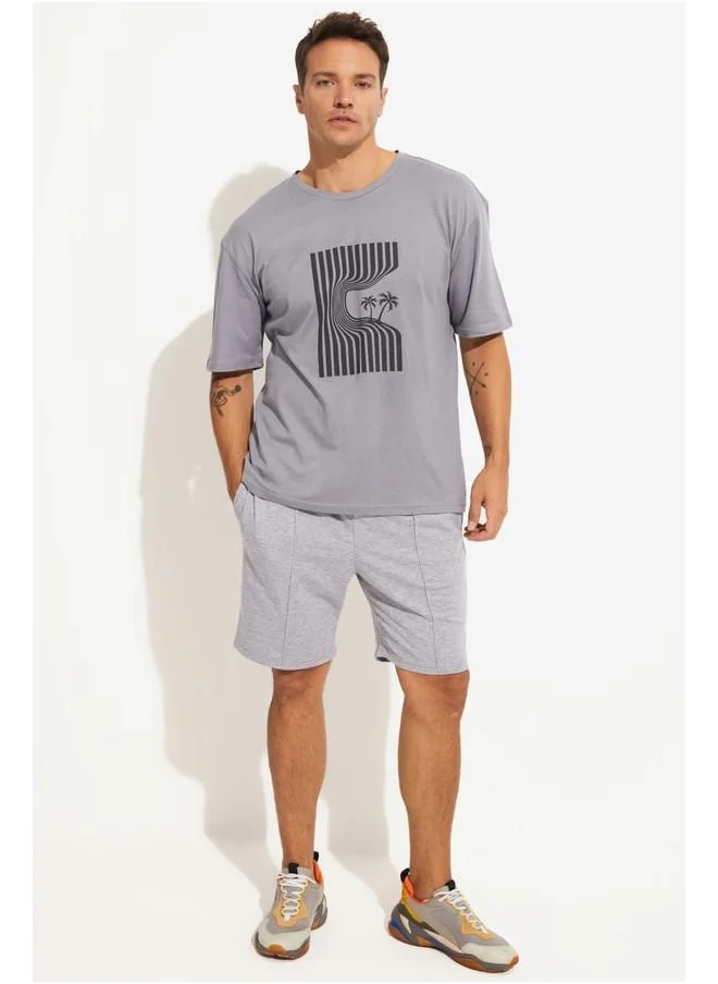 جون June Men Oversize Printed Crew Neck Tshirt Grey